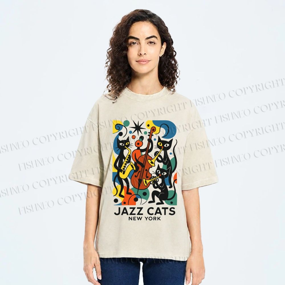 Unisex Jazz Cats Printed Washed Tee