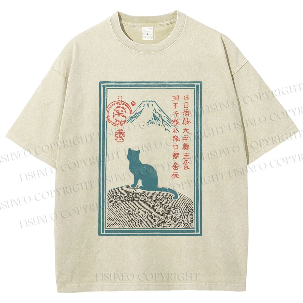 Unisex Japanese Cat Mount Fuji Printed Washed Tee