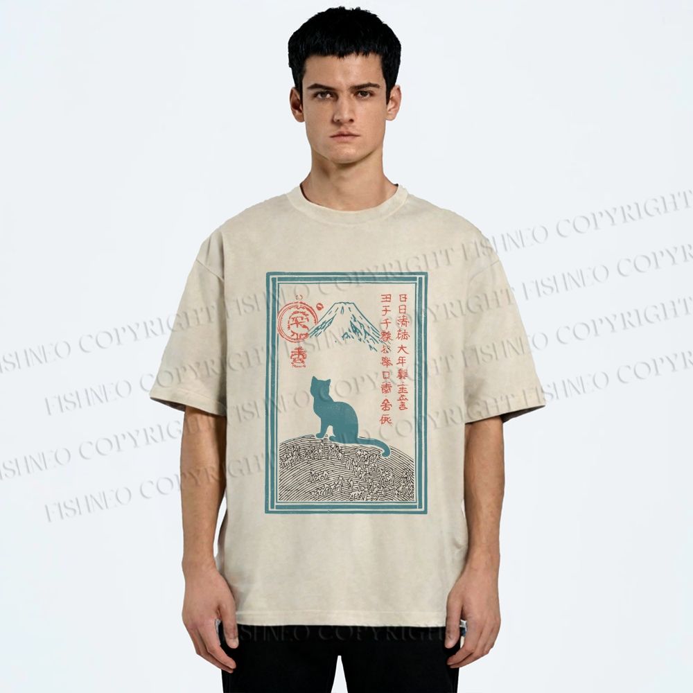 Unisex Japanese Cat Mount Fuji Printed Washed Tee