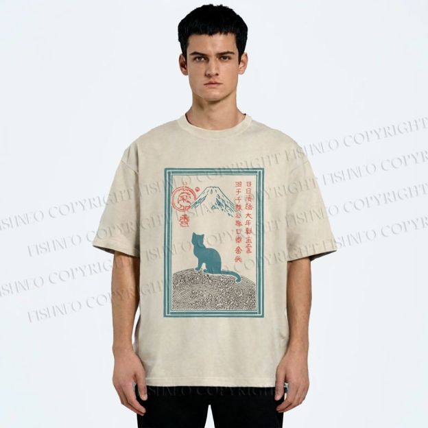 Unisex Japanese Cat Mount Fuji Printed Washed Tee