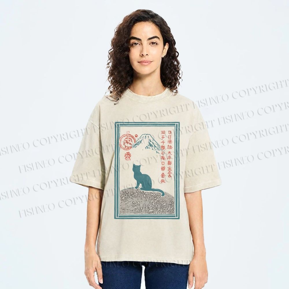 Unisex Japanese Cat Mount Fuji Printed Washed Tee