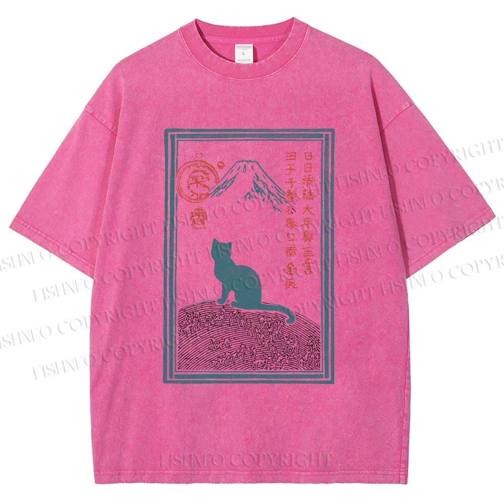 Unisex Japanese Cat Mount Fuji Printed Washed Tee