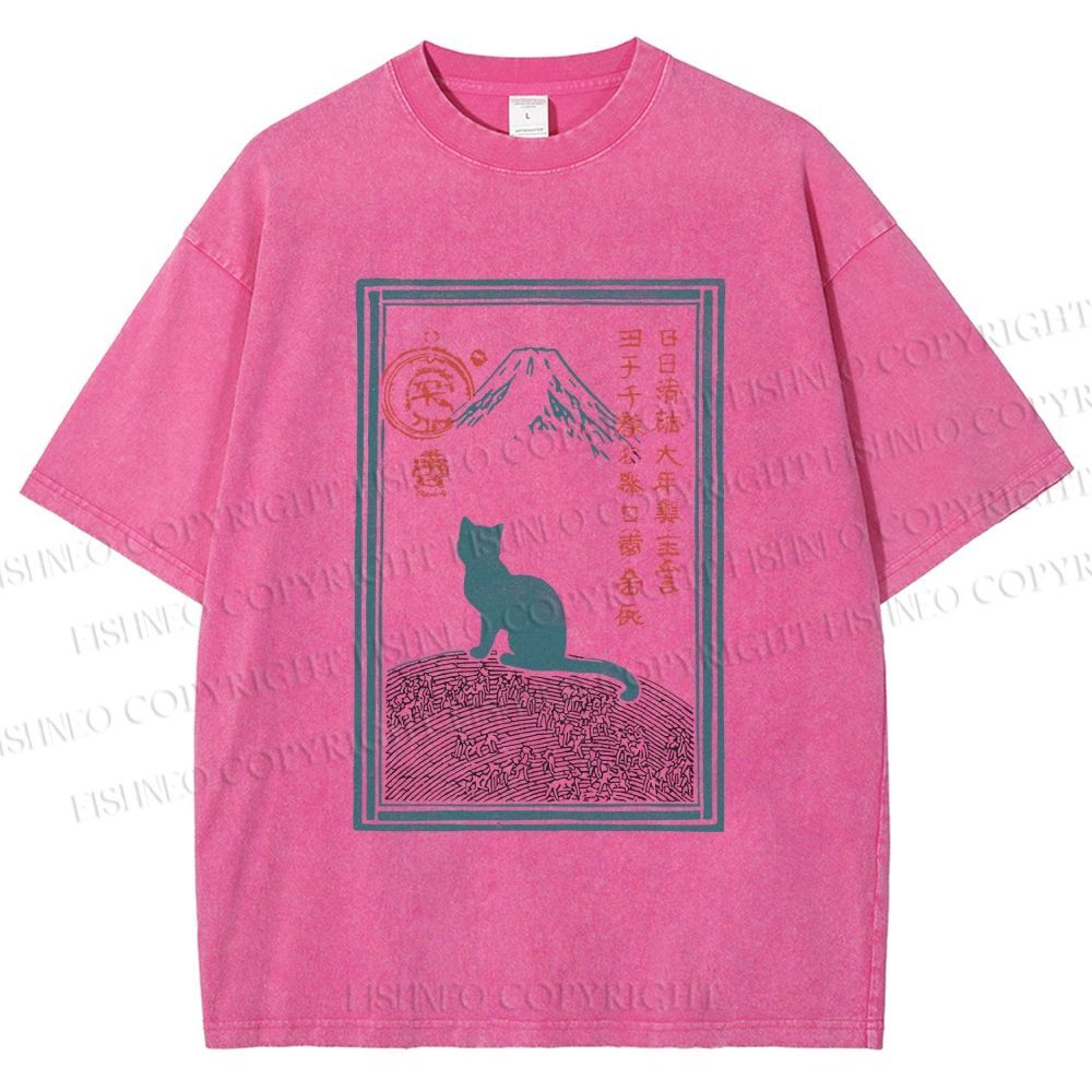 Unisex Japanese Cat Mount Fuji Printed Washed Tee