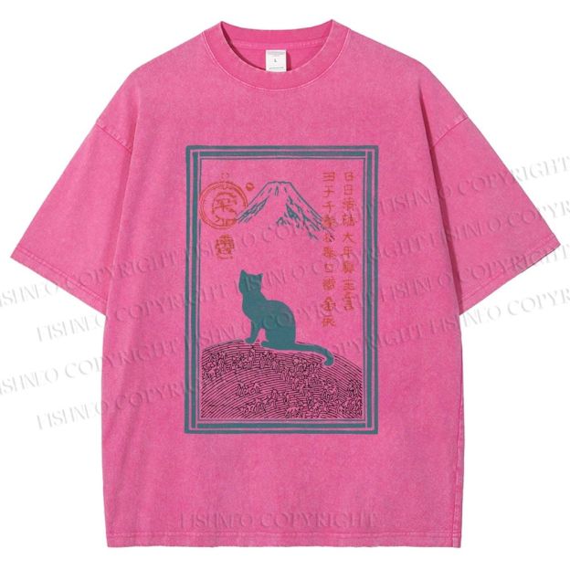Unisex Japanese Cat Mount Fuji Printed Washed Tee