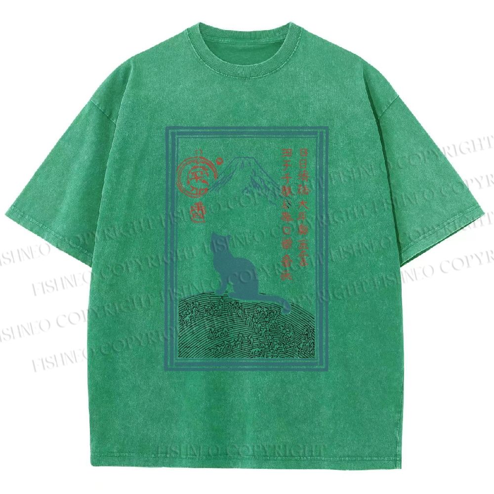 Unisex Japanese Cat Mount Fuji Printed Washed Tee