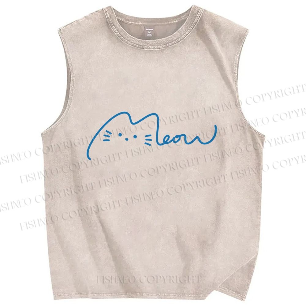 Unisex Meow Cat Sign Printed Washed Tank Top
