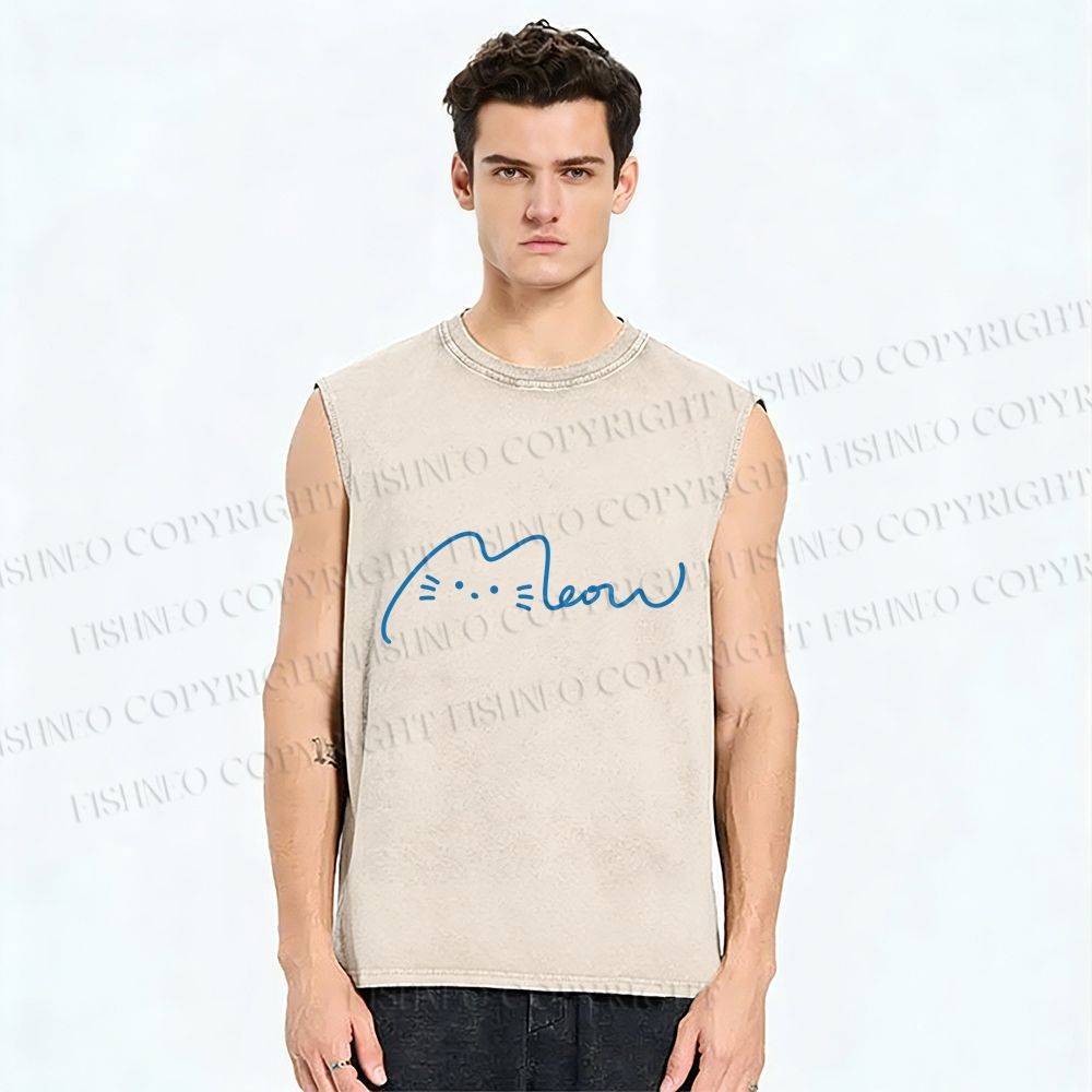 Unisex Meow Cat Sign Printed Washed Tank Top