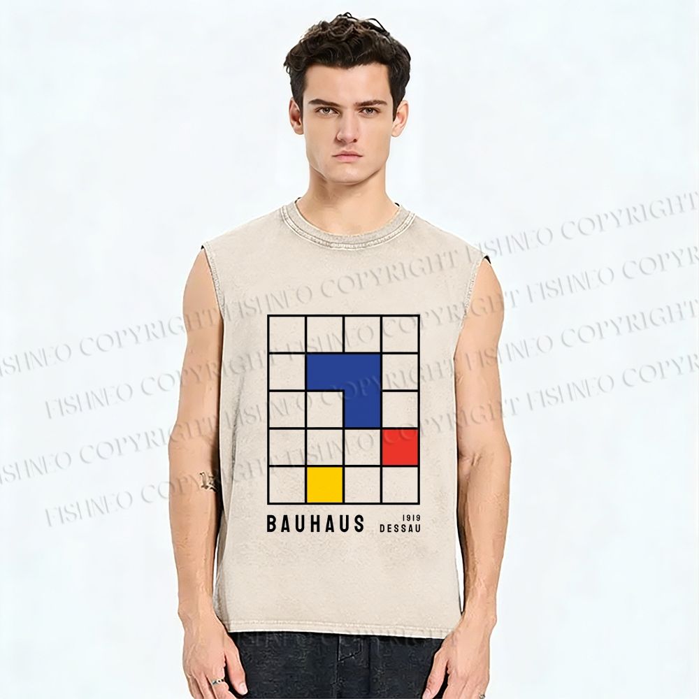 Unisex Bauhaus Color Grid Printed Washed Tank Top