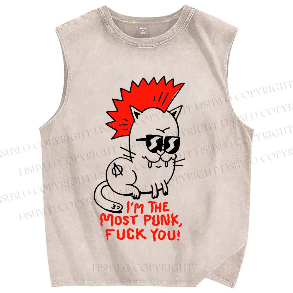 Unisex Punk Cat Printed Washed Tank Top