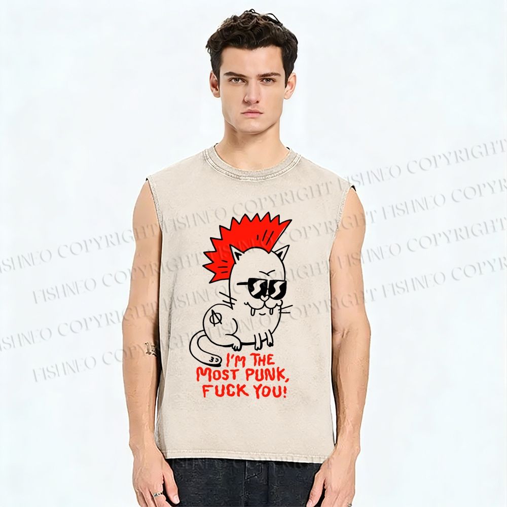 Unisex Punk Cat Printed Washed Tank Top