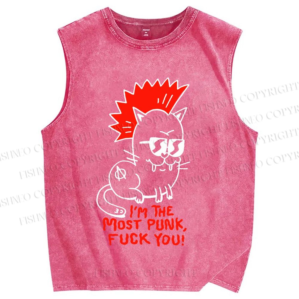 Unisex Punk Cat Printed Washed Tank Top