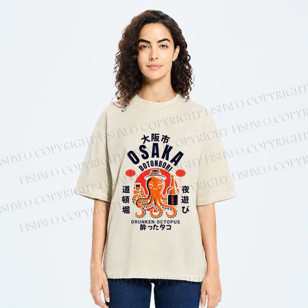Unisex Osaka Drunken Octopus Printed Washed Tee