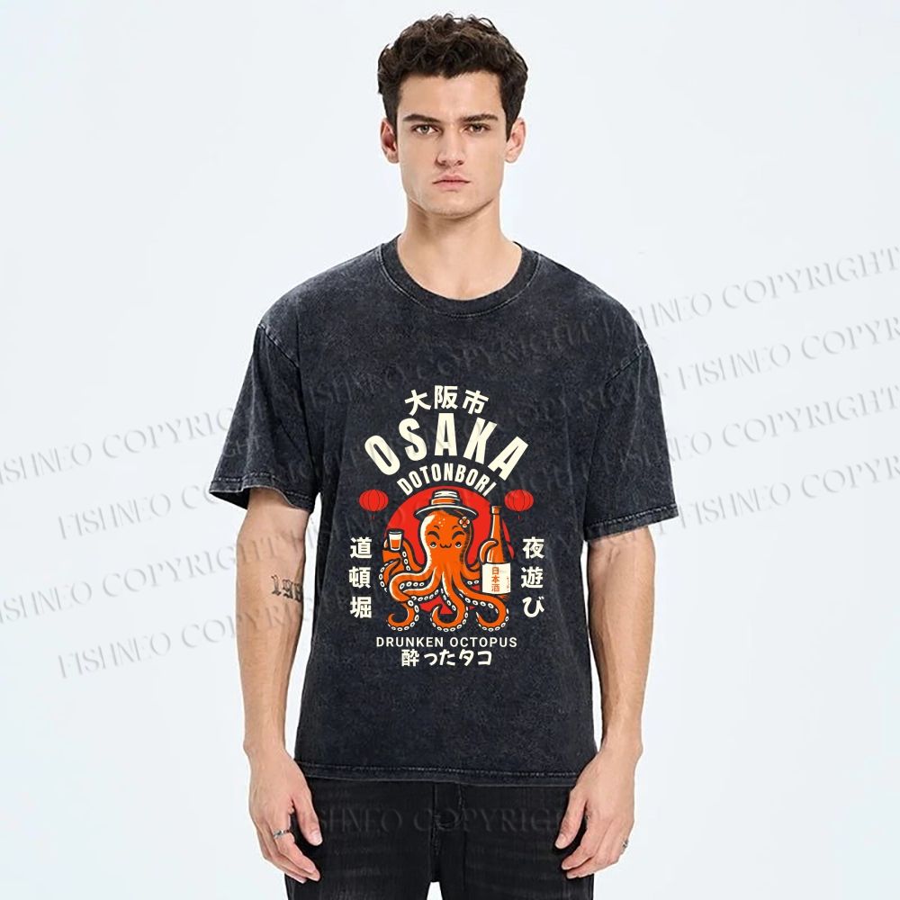 Unisex Osaka Drunken Octopus Printed Washed Tee
