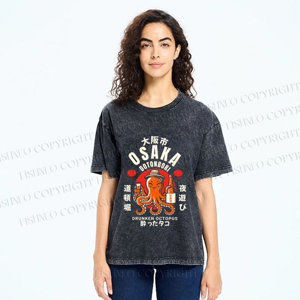 Unisex Osaka Drunken Octopus Printed Washed Tee