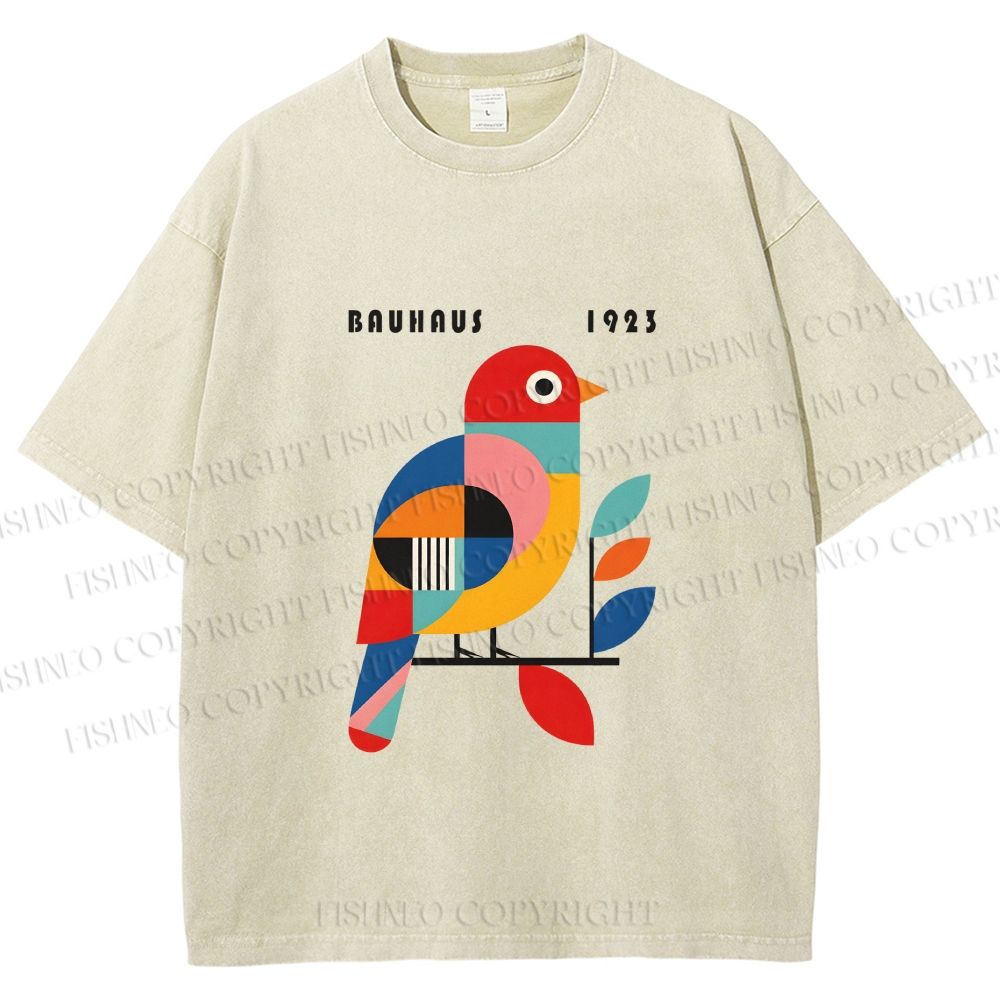 Unisex Bauhaus Multicolor Bird Printed Washed Tee