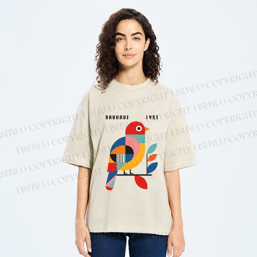 Unisex Bauhaus Multicolor Bird Printed Washed Tee