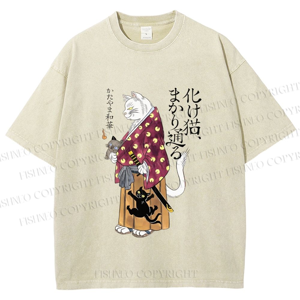 Unisex Ayako Ishiguro Japanese Samurai Cat Printed Washed Tee
