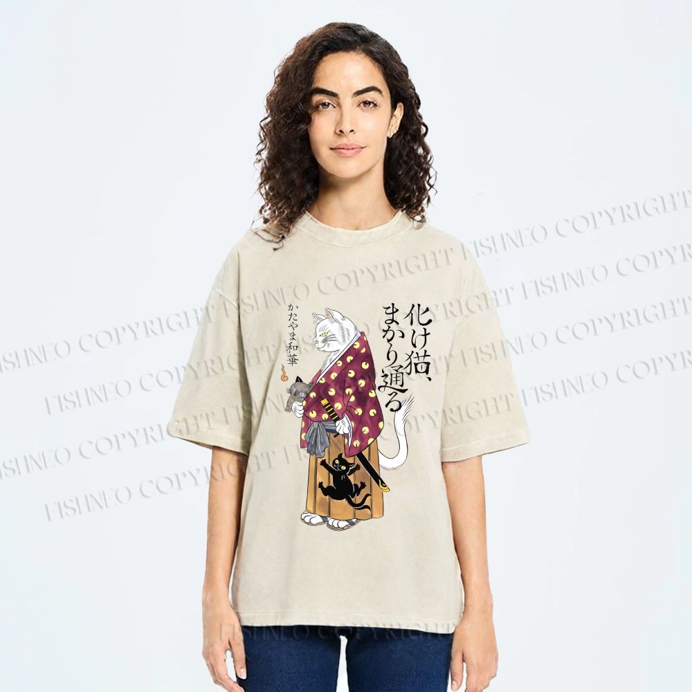 Unisex Ayako Ishiguro Japanese Samurai Cat Printed Washed Tee