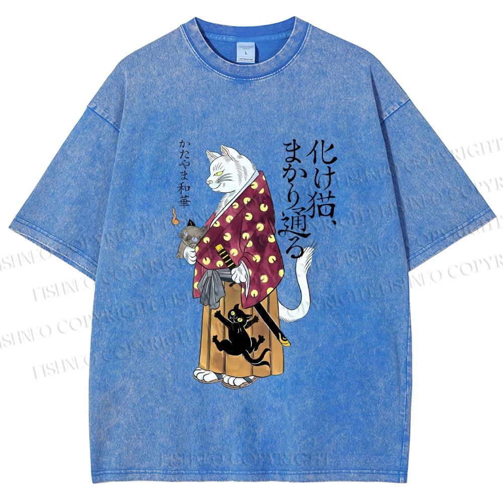 Unisex Ayako Ishiguro Japanese Samurai Cat Printed Washed Tee