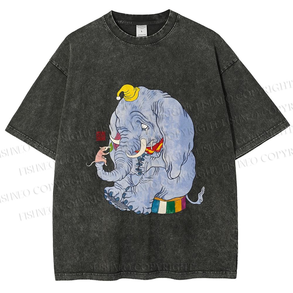 Unisex Ayako Ishiguro Mr,Elephant With Tiny Mouse Printed Washed Tee
