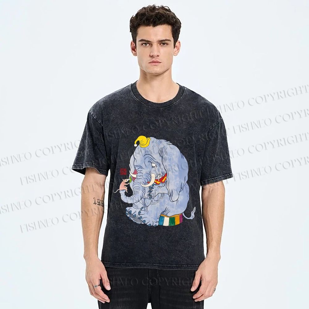Unisex Ayako Ishiguro Mr,Elephant With Tiny Mouse Printed Washed Tee