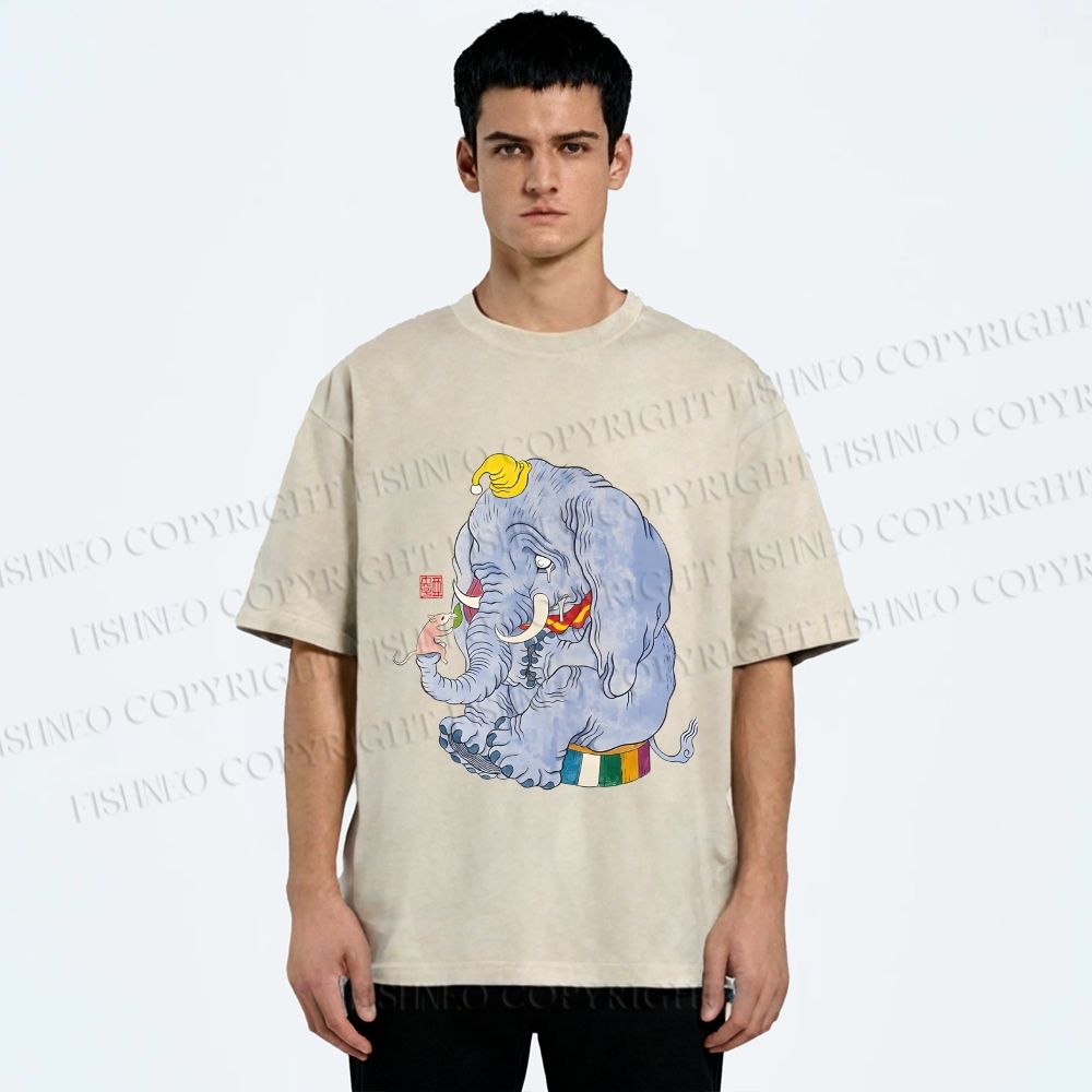 Unisex Ayako Ishiguro Mr,Elephant With Tiny Mouse Printed Washed Tee
