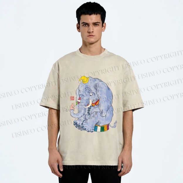 Unisex Ayako Ishiguro Mr,Elephant With Tiny Mouse Printed Washed Tee
