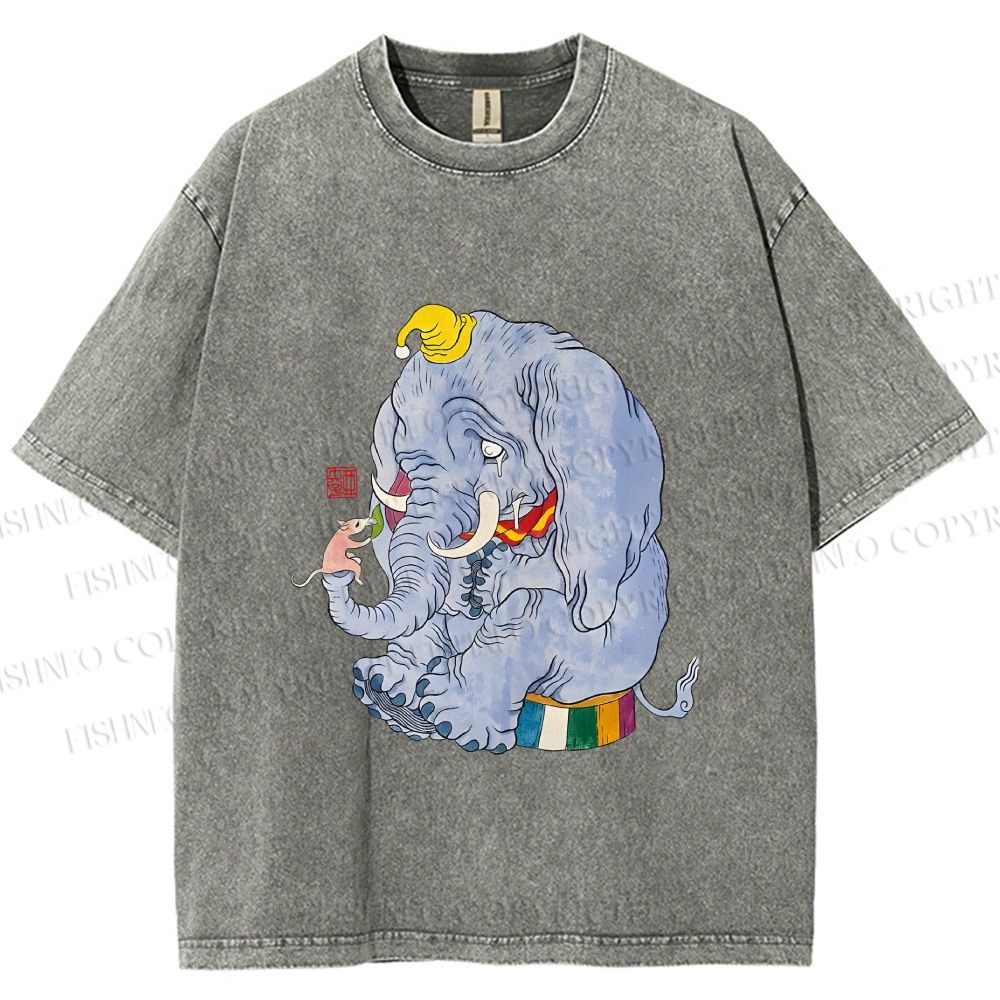 Unisex Ayako Ishiguro Mr,Elephant With Tiny Mouse Printed Washed Tee