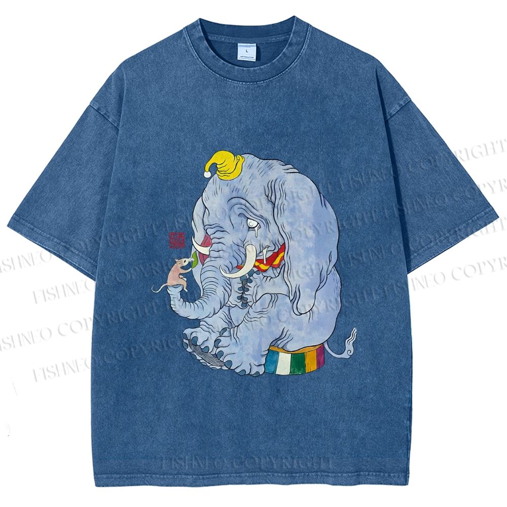 Unisex Ayako Ishiguro Mr,Elephant With Tiny Mouse Printed Washed Tee