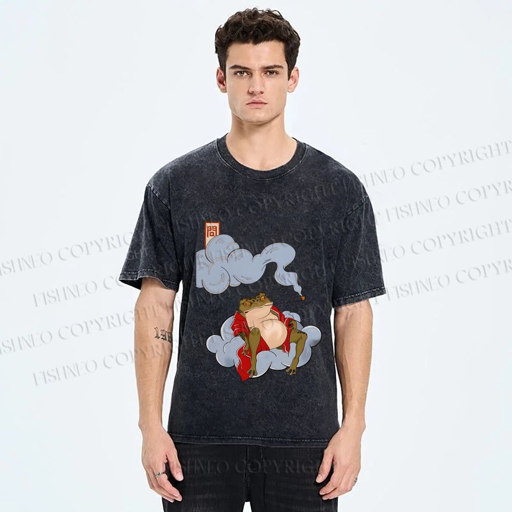 Unisex Japanese Frog Relaxing in Clouds Printed Washed Tee