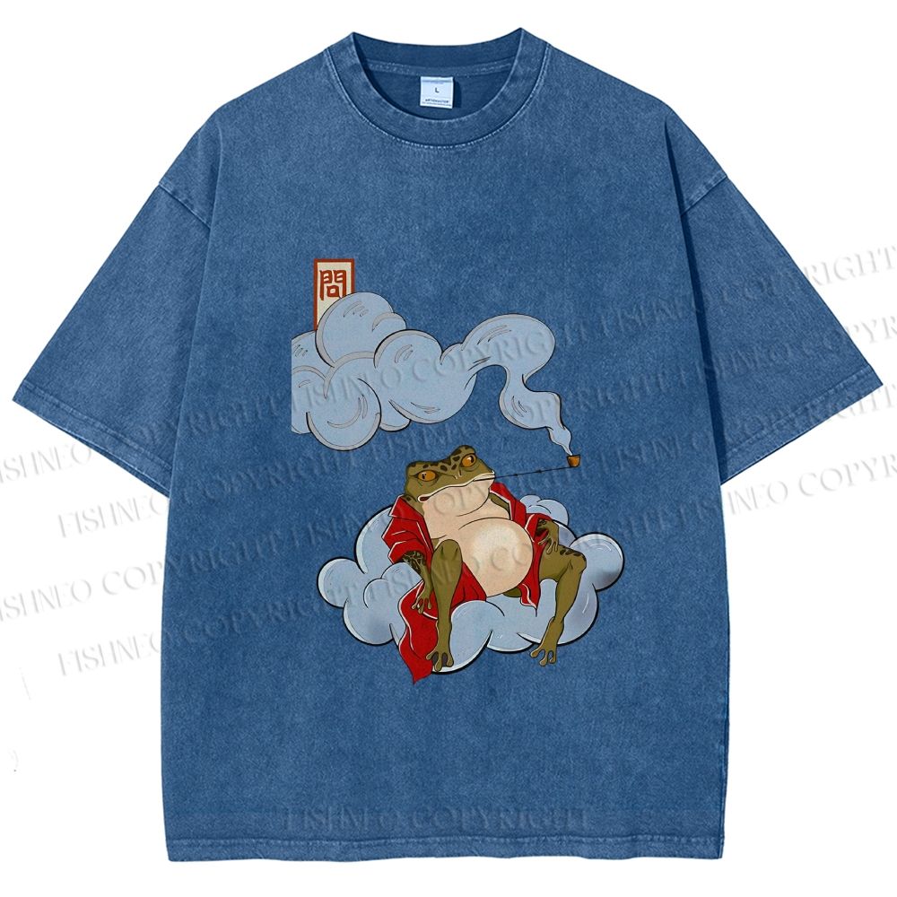 Unisex Japanese Frog Relaxing in Clouds Printed Washed Tee