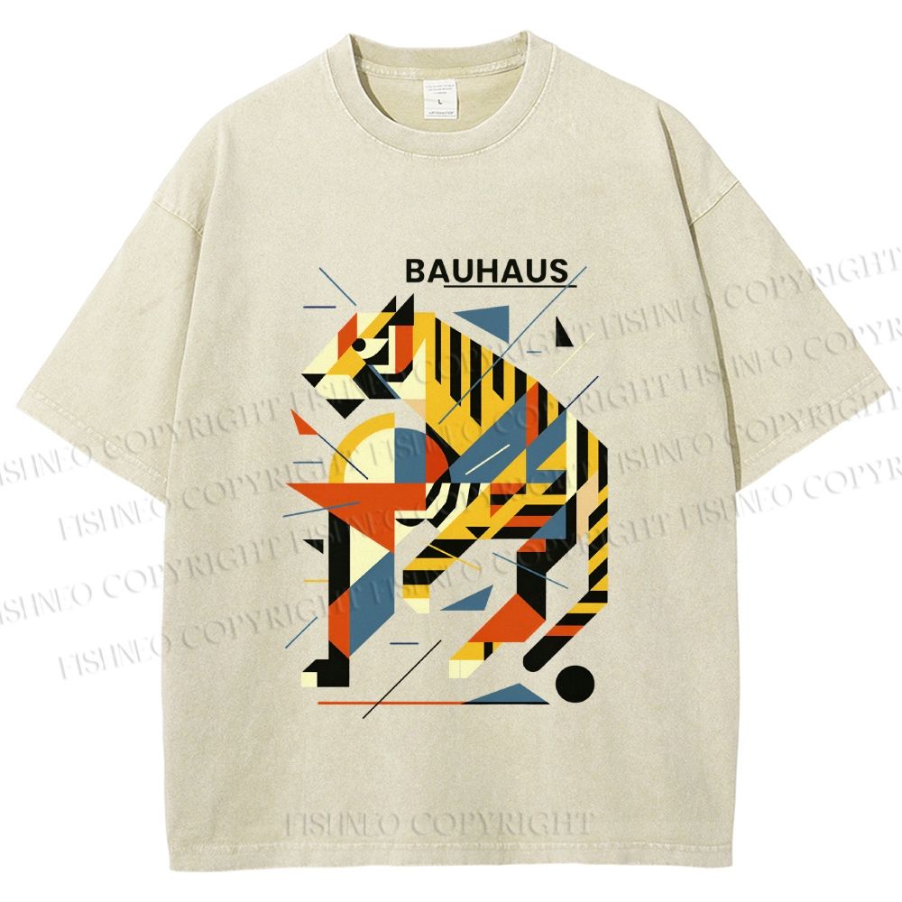 Unisex Bauhaus Design Tiger Printed Washed Tee