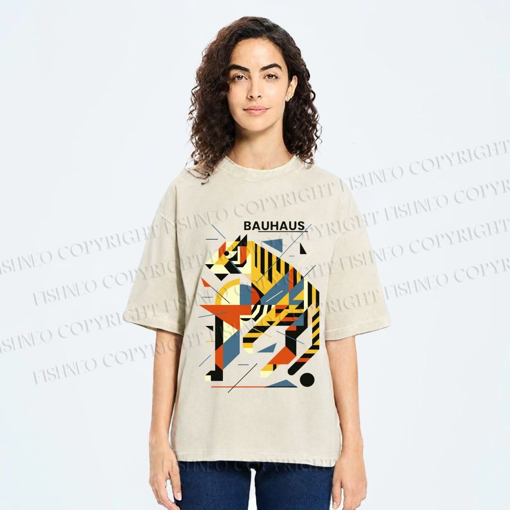 Unisex Bauhaus Design Tiger Printed Washed Tee