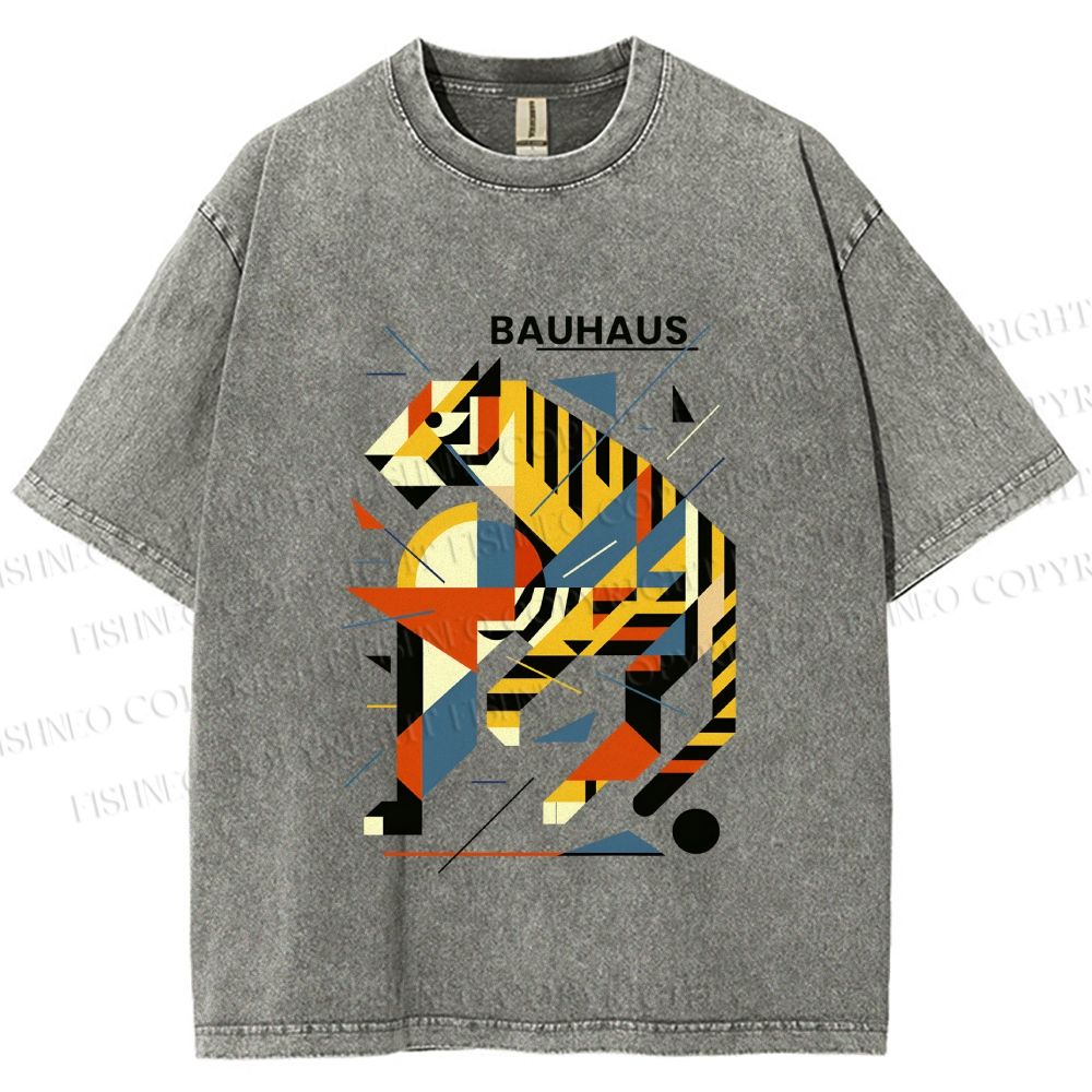 Unisex Bauhaus Design Tiger Printed Washed Tee