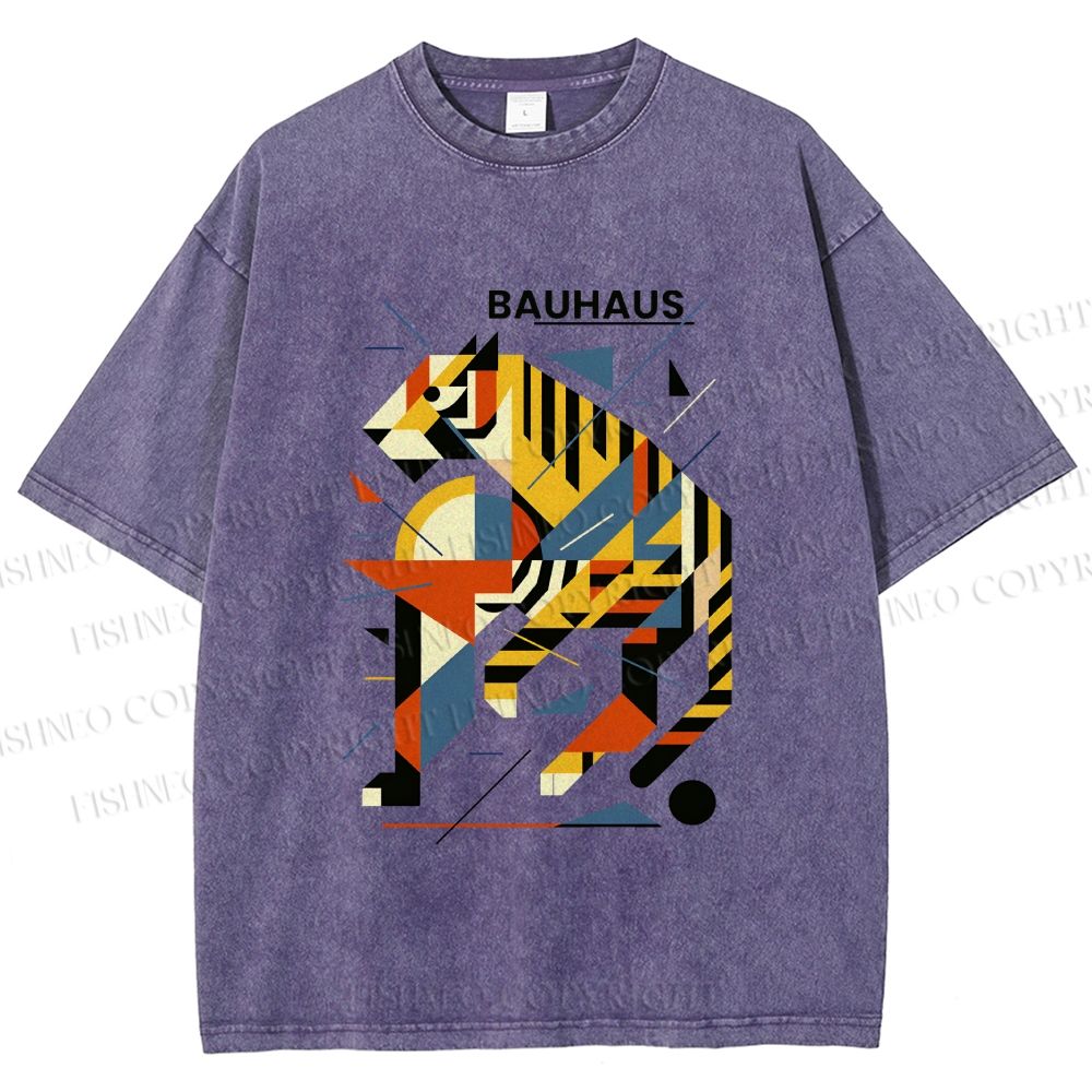 Unisex Bauhaus Design Tiger Printed Washed Tee