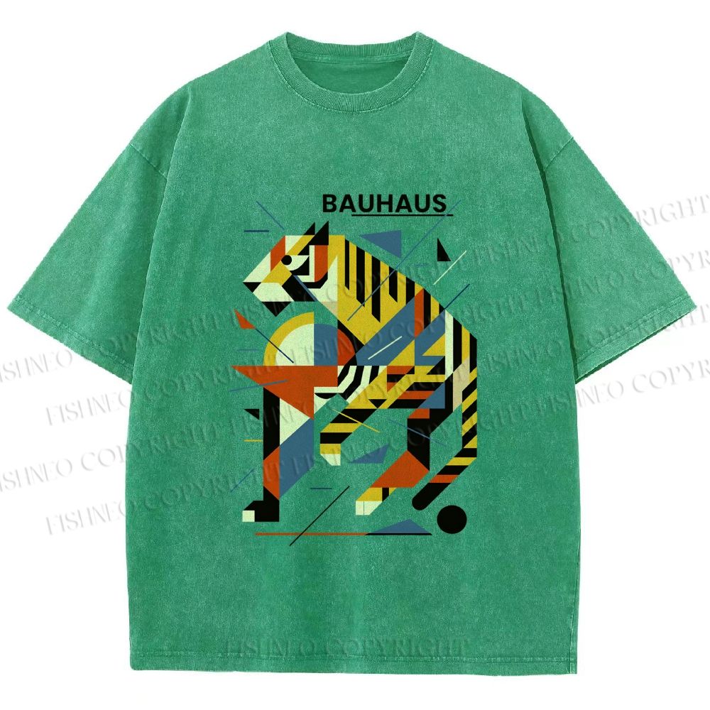 Unisex Bauhaus Design Tiger Printed Washed Tee
