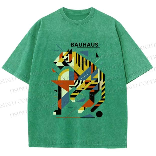 Unisex Bauhaus Design Tiger Printed Washed Tee
