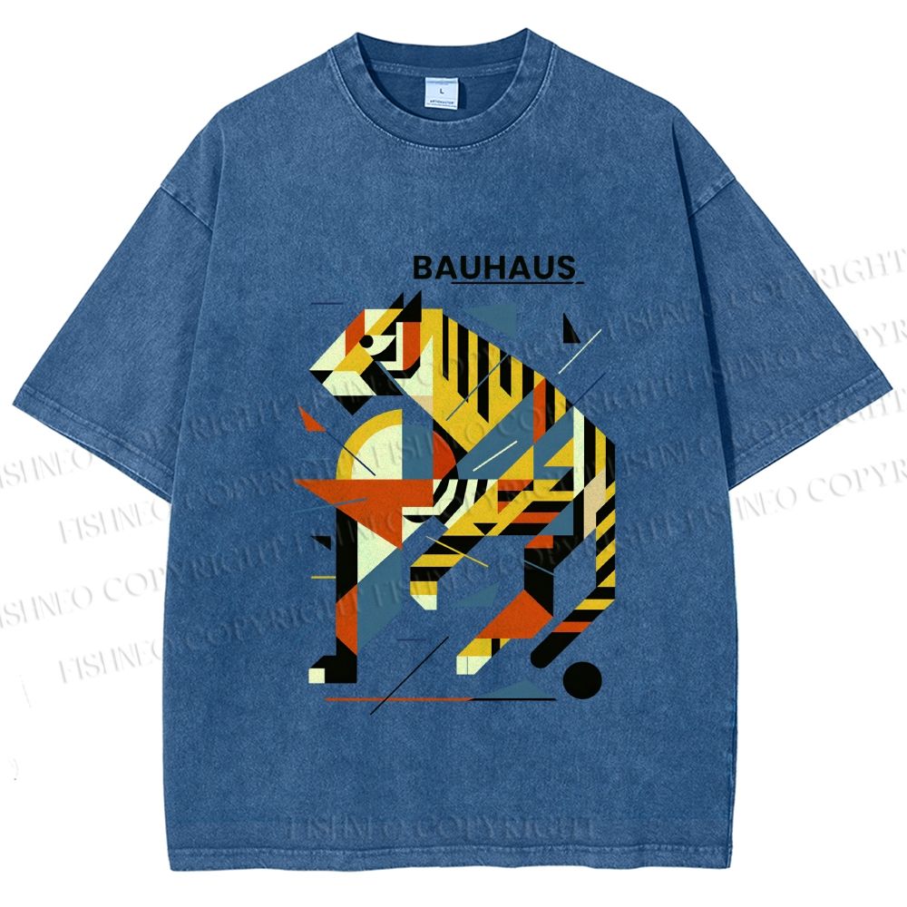 Unisex Bauhaus Design Tiger Printed Washed Tee