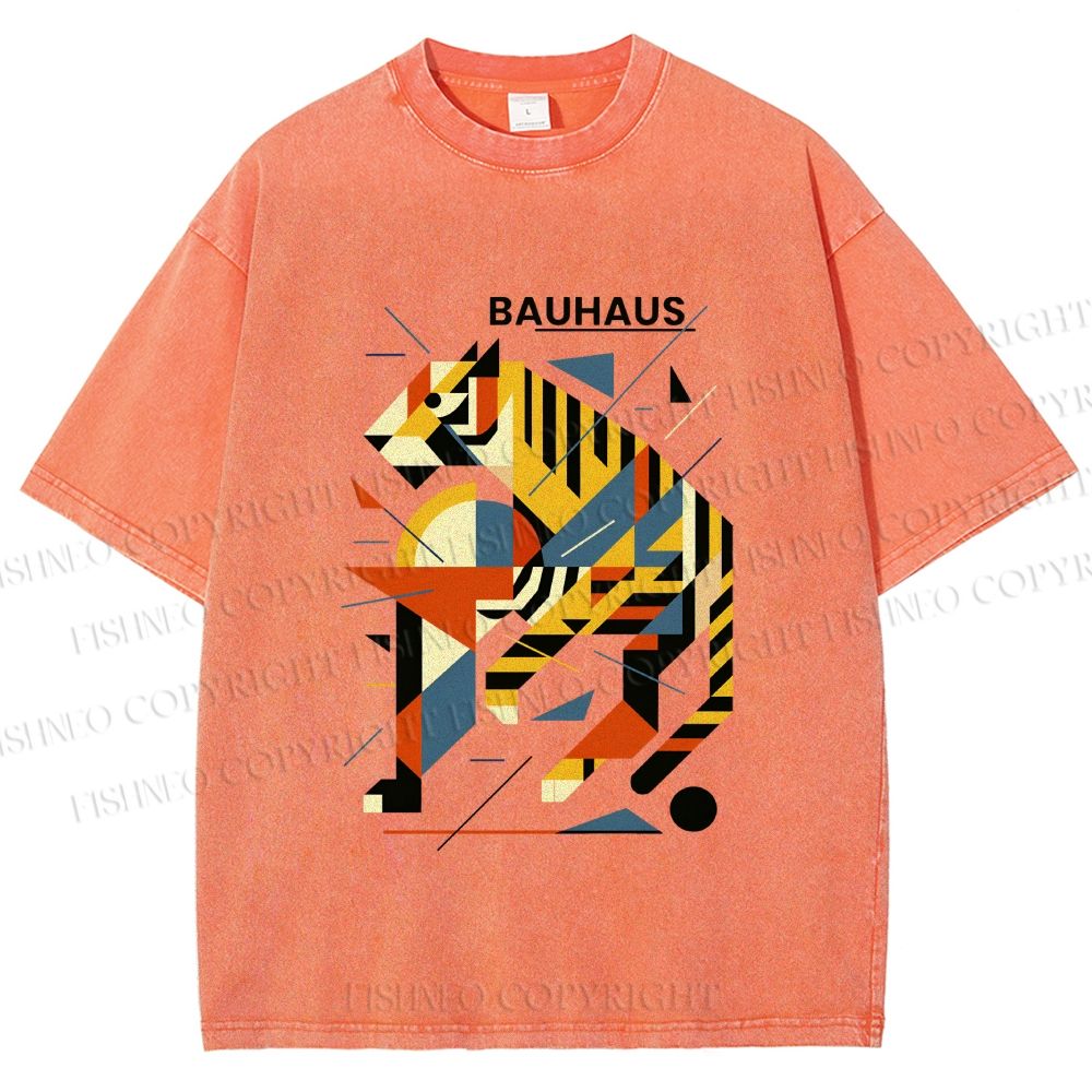 Unisex Bauhaus Design Tiger Printed Washed Tee