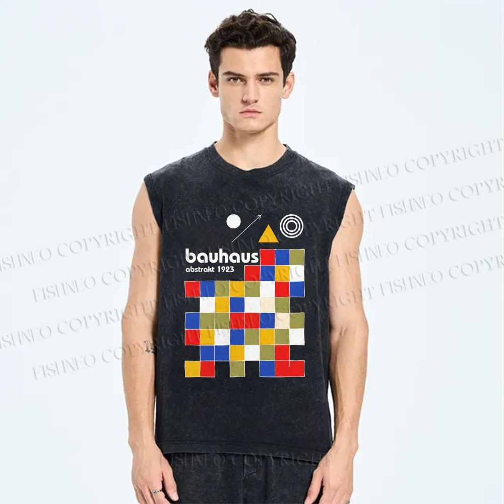 Unisex Bauhaus Colored Squares Printed Washed Tank Top