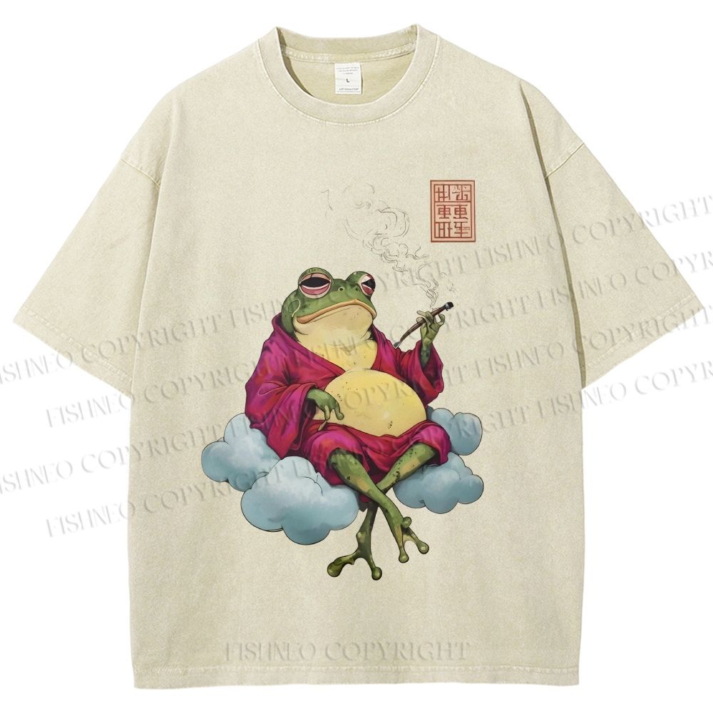 Unisex Smoking Frog Printed Washed Tee