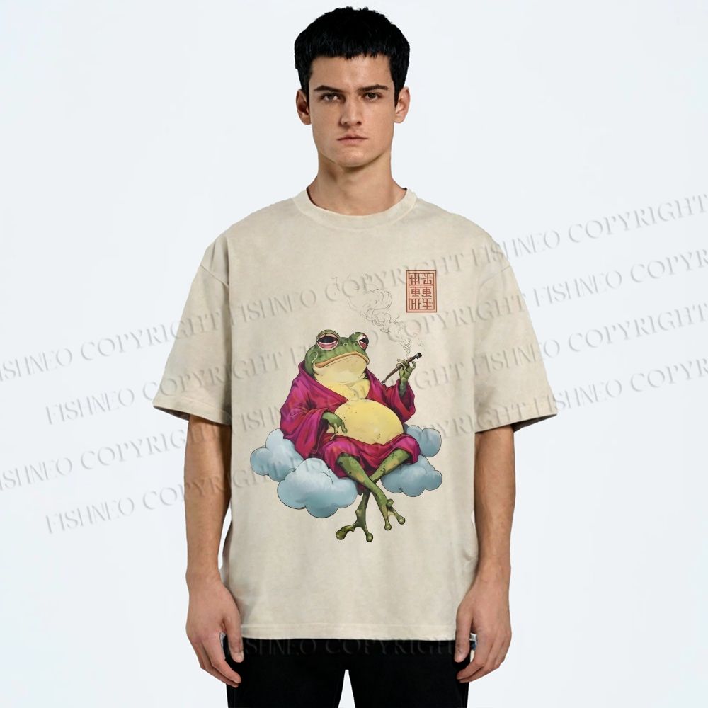 Unisex Smoking Frog Printed Washed Tee