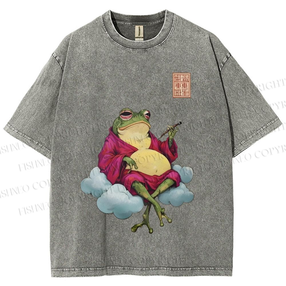Unisex Smoking Frog Printed Washed Tee
