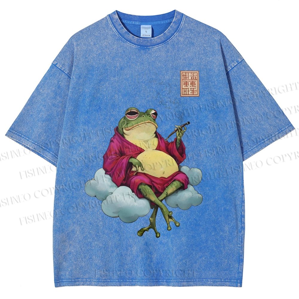 Unisex Smoking Frog Printed Washed Tee