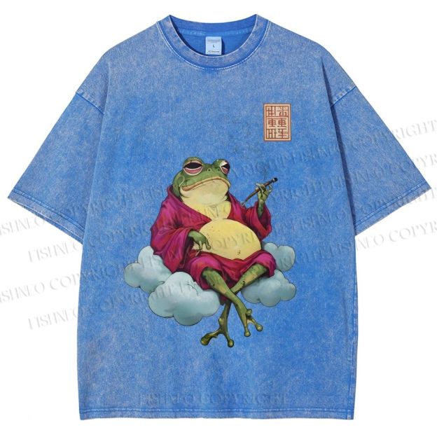 Unisex Smoking Frog Printed Washed Tee