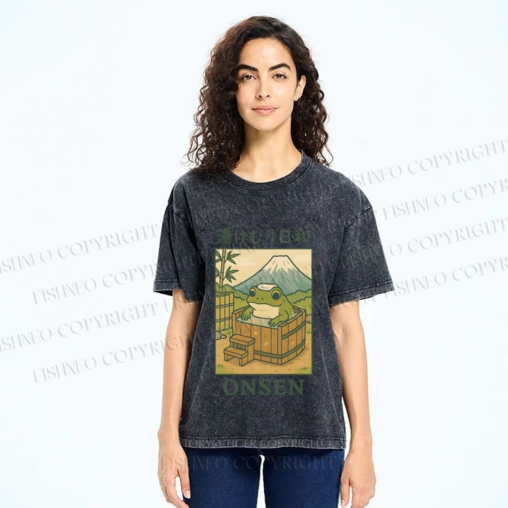 Unisex Frog Taking A Bath Printed Washed Tee