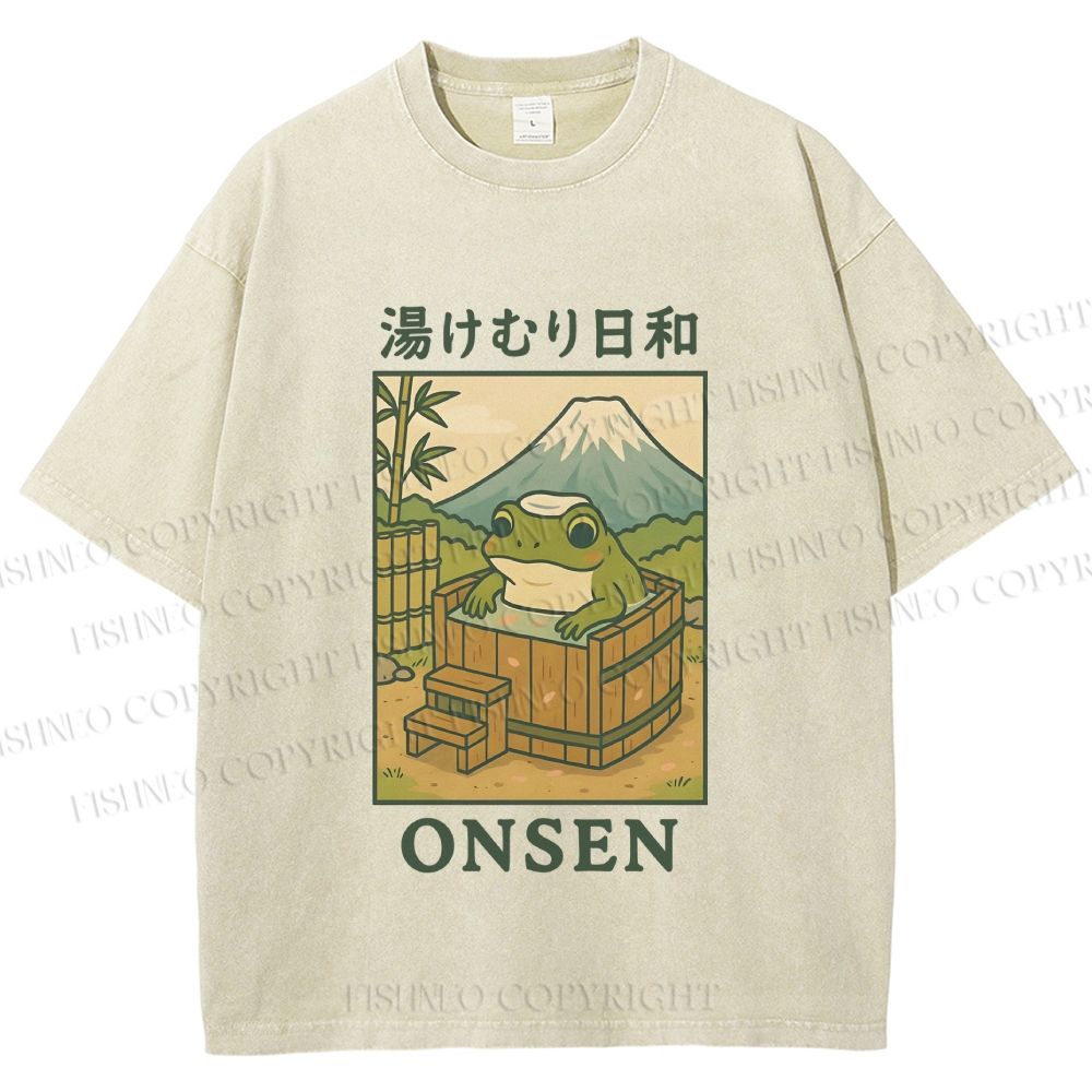 Unisex Frog Taking A Bath Printed Washed Tee