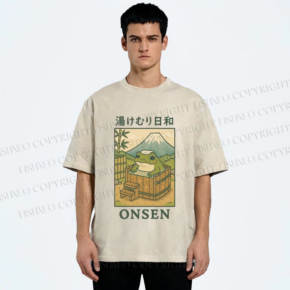 Unisex Frog Taking A Bath Printed Washed Tee