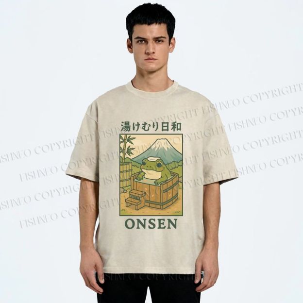 Unisex Frog Taking A Bath Printed Washed Tee