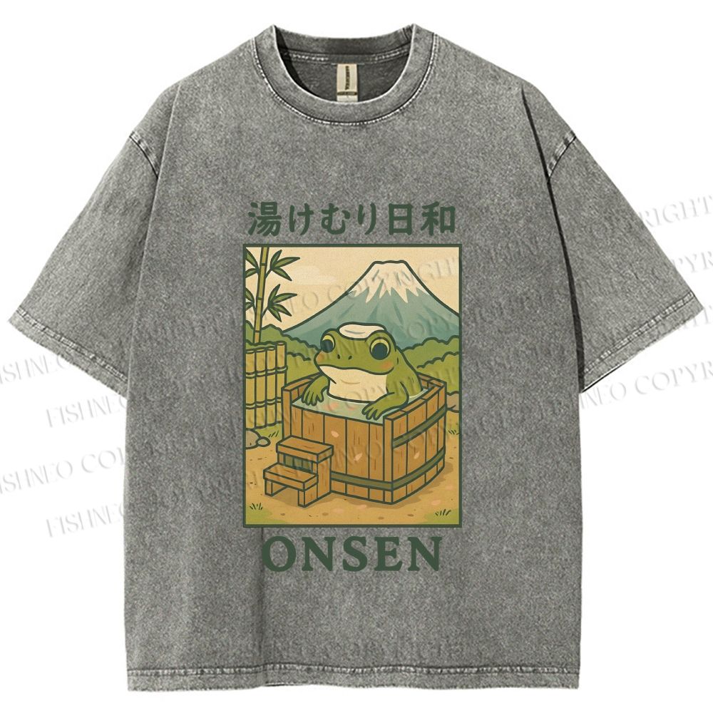 Unisex Frog Taking A Bath Printed Washed Tee